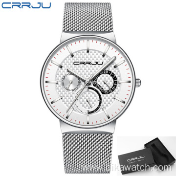 CRRJU Top Brand Luxury Waterproof Ultra Thin Date Watch Mens Watch Steel Strap Casual Quartz Watch White Sport WristWatch